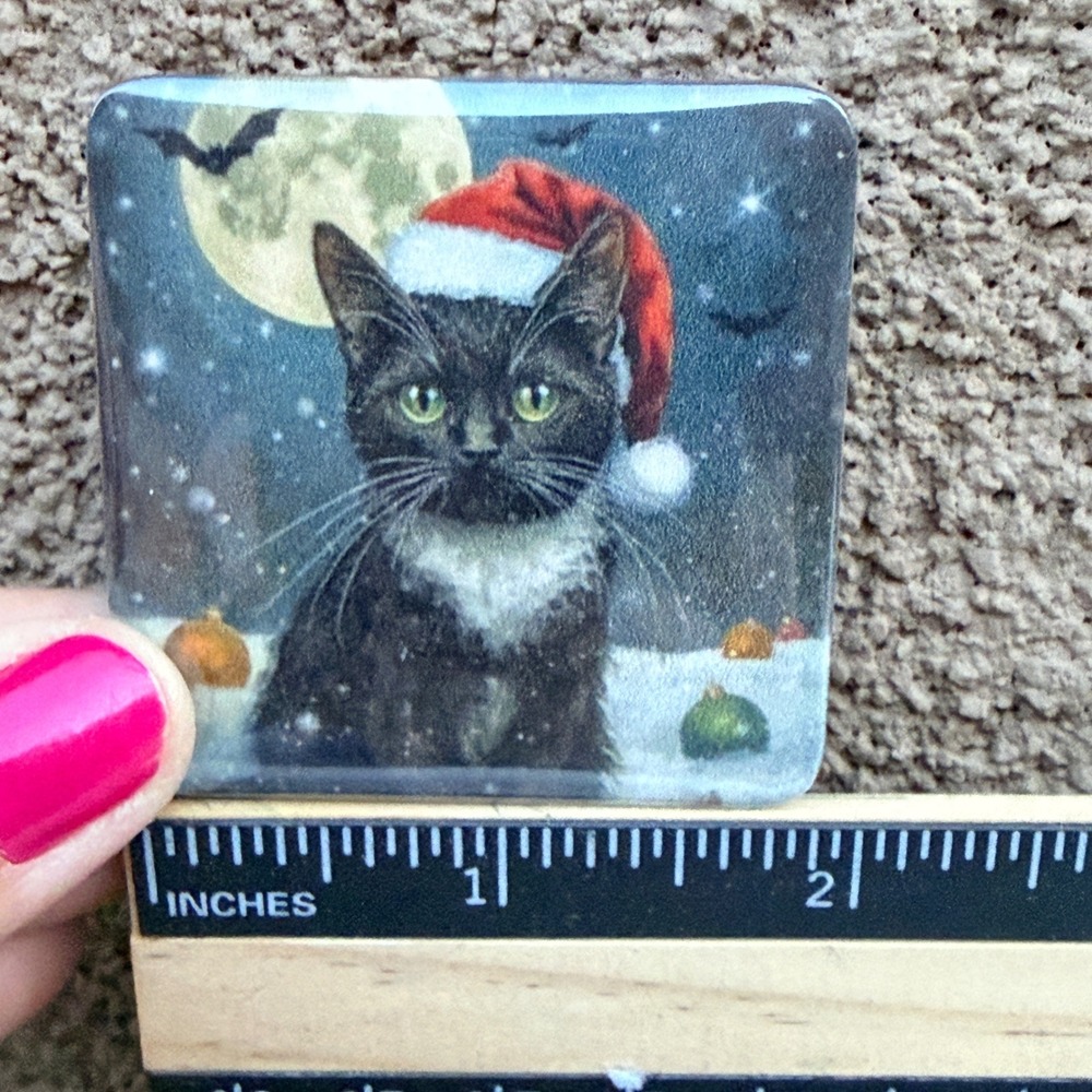 Handmade Tuxedo Black Cat Santa Hat Christmas Halloween Magnet 2x2